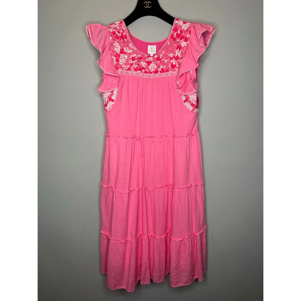 J. Marie Rosalee Pink Floral Embroidered Tiered Flutter Sleeve Midi Dress Small